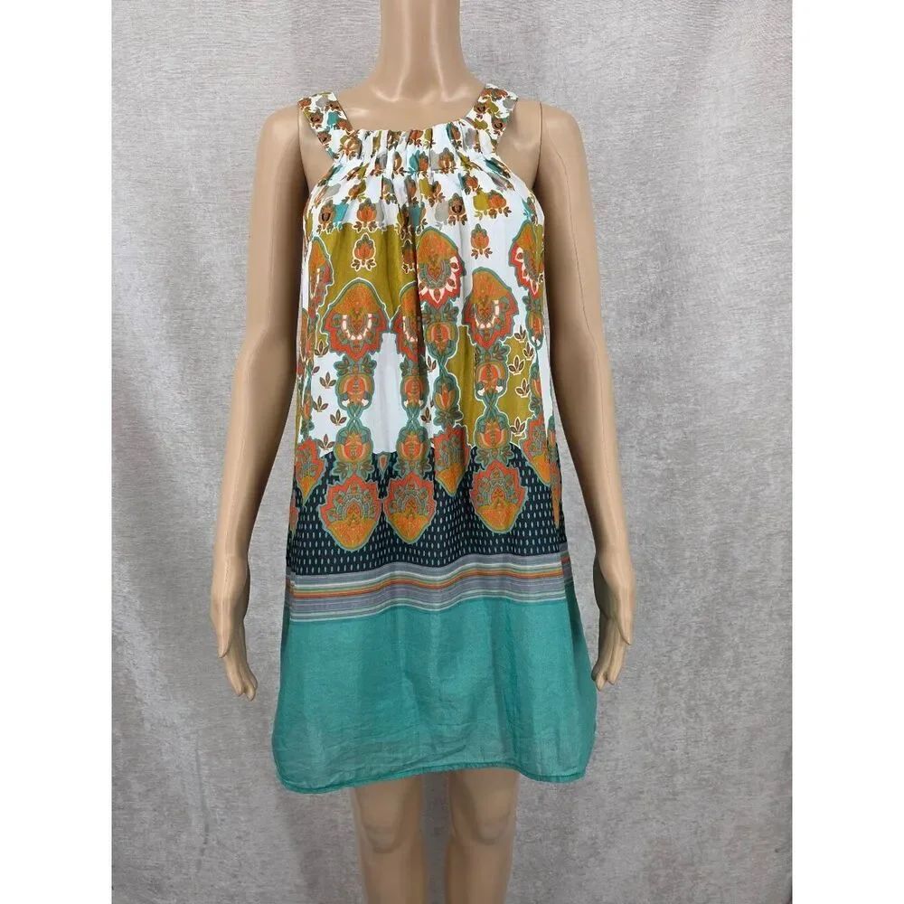 Renee C Silk Cotton Boho Print Mini Sundress Dress in Teal & Mustard